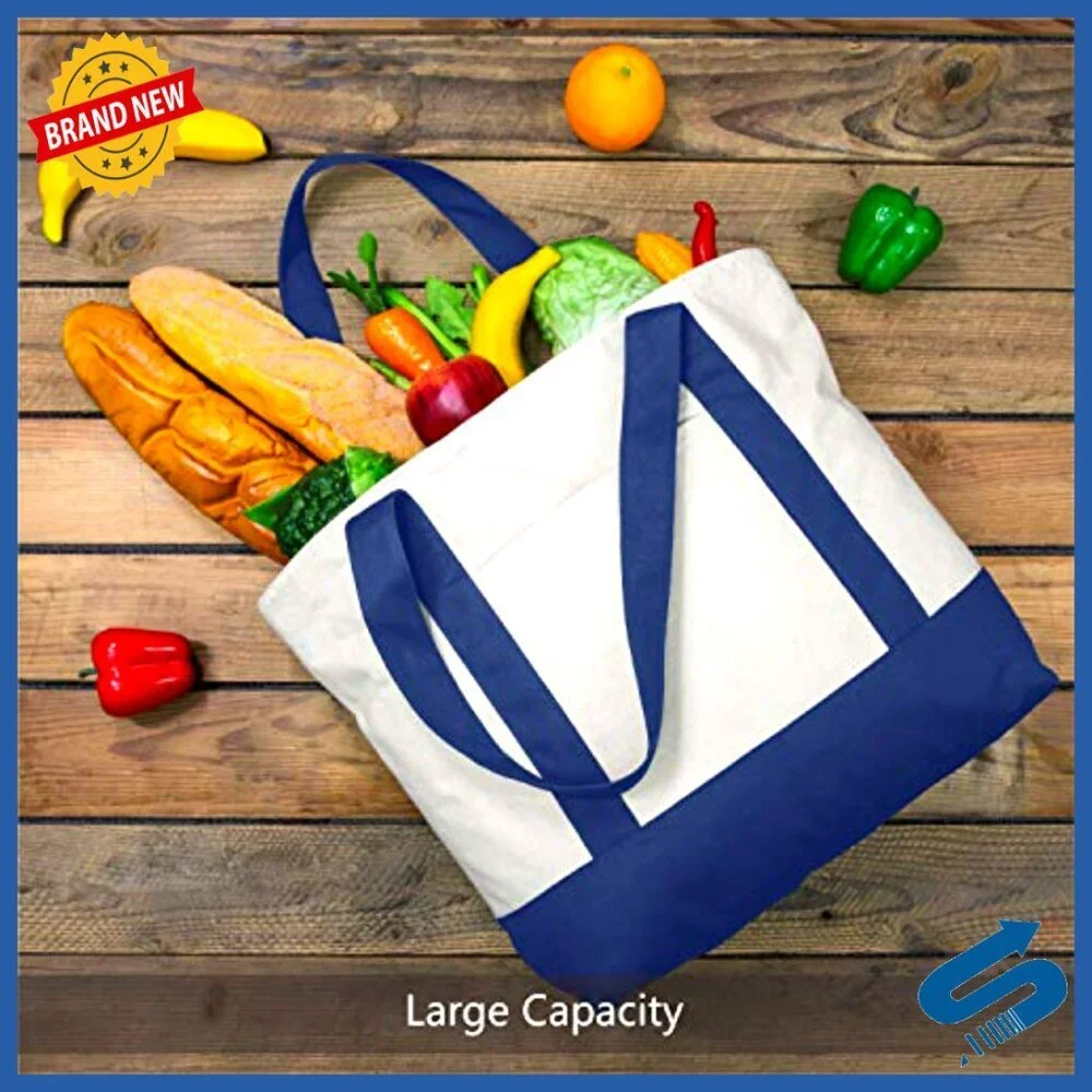 Reusable Canvas Tote Bags Multi-Purpose Grocery Shopping Zipper Closure Durable